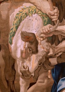 flamsk billedvev. Serien Nattverdens triumf. Eukaristiens seier over hedenske ofre (Victoria de la Eucaristía sobre los sacrificios paganos). Fjerde billedvev i serien. Modell Peter Paul Rubens. 1626-1628. Produksjon Jan II Raes, Jac av Flemish School