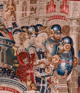 flamsk billedvev. Serien Den trojanske krigen. Ødeleggelsen av Troja (Destrucción de Troya). Elvte billedvev i serien. Model Coëtivy Master (Henry eller Conrard de Vulcop). Produser Tournai-verksteder. Ca 1470. Stoff Ull og silke, 6/7 varp pr cm. av Flemish School