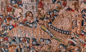 flamsk billedvev. Serien Den trojanske krigen. Ødeleggelsen av Troja (Destrucción de Troya). Elvte billedvev i serien. Model Coëtivy Master (Henry eller Conrard de Vulcop). Produser Tournai-verksteder. Ca 1470. Stoff Ull og silke, 6/7 varp pr cm. av Flemish School