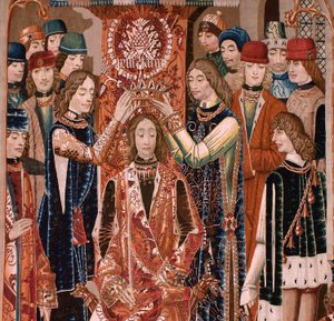 flamsk billedvev. Serie ukjent. Romersk historie? Tarquinius Priscus (Tarquino Prisco). Produsere Brussels verksteder?. Ca 1475. Stoff Ull og silke, 6 varp pr cm. Opprinnelse En donasjon fra grev Alba de Aliste, den ankom katedralen i 1608. ; Locati av Flemish School
