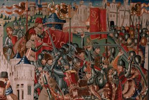 flamsk billedvev. Serie ukjent. Romersk historie? Tarquinius Priscus (Tarquino Prisco). Produsere Brussels verksteder?. Ca 1475. Stoff Ull og silke, 6 varp pr cm. Opprinnelse En donasjon fra grev Alba de Aliste, den ankom katedralen i 1608. ; Locati av Flemish School