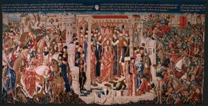 flamsk billedvev. Serie ukjent. Romersk historie? Tarquinius Priscus (Tarquino Prisco). Produsere Brussels verksteder?. Ca 1475. Stoff Ull og silke, 6 varp pr cm. Opprinnelse En donasjon fra grev Alba de Aliste, den ankom katedralen i 1608. ; Locati av Flemish School