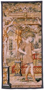flamsk billedvev. Serien Vertumnus og Pomona. No II Vertumnus forvandlet til en bonde (Vertumno y Pomona II Vertumno transformado en agricultor) no1 venstre del. Models Circle av Pieter Coecke Van Aelst og Léonard Thiry. Atelier ukjent, Brussel. Gull, av Flemish School