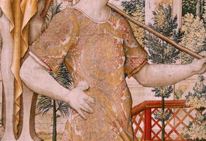 flamsk billedvev. Serien Vertumnus og Pomona. No II Vertumnus forvandlet til en bonde (Vertumno y Pomona II Vertumno transformado en agricultor) no1 venstre del. Models Circle av Pieter Coecke Van Aelst og Léonard Thiry. Atelier ukjent, Brussel. Gull, av Flemish School