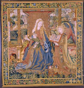 flamsk billedvev. Jomfruen med barnet og engler (Jomfruen med barnet og en engel, Mary met Kind in engelen). Ca av Flemish School