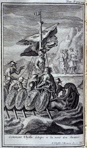 Hvordan Ulysses unnslapp sirenens stemme. Illustrasjon for bok XII av Odyssey of Homer, in the Odyssey, utgitt i Amsterdam i 1731, Collection privee Milan. av Flemish School