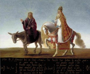 ""Jesus representert på et esel ved siden av den rikt kledde paven på en hest"" Luthersk karikatur mot paven - Anonymt maleri