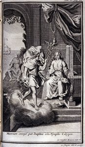 Merkur sendt av Jupiter til nymfen Calypso. Illustrasjon for bok V av Odyssey of Homer, in the Odyssey, utgitt i Amsterdam i 1731, Collection privee Milan. av Flemish School
