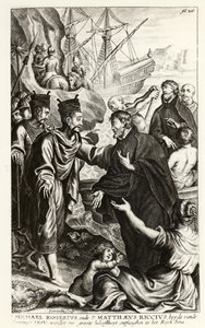 Michael Rogerius (1543-1607) og Matthaeus Riccius (1552-1610) ankommer kysten av Kina, illustrasjon fra en historie om kirken av P. Cornelius Hazart, utgitt i Antwerpen, 1668 av Flemish School