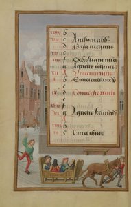 Ms 1058-1975 f1v Street Scene in the Snow, opplyst kalenderside for januar, fra a Book of Hours, ca. 1500 av Flemish School