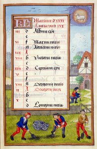 Ms 1058-1975 f3r Digging and Tree Planting, opplyst kalenderside for mars, fra a Book of Hours, ca.1500 av Flemish School