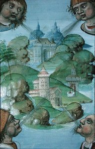 Ms Hunter 9 f.47v Fire vinder som blåser i hjørner på et havomkretslandskap, fra 