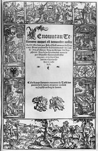 Det nye testamentets tittelside til en fransk oversettelse av Jacques Lefevre dEtaples (1450?-1537) utgitt i Antwerpen i 1531 av Flemish School
