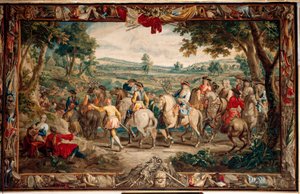 Slottet (Schlossanlage Schleißheim). flamsk billedvev. Brussels atelier Judocus De Vos. Design Lambert De Hondt. Marsjen (La Marche). 400x640 cm. Ull og silke. Omtrent 1715 - 1724. av Flemish School
