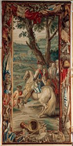 Slottet (Schlossanlage Schleissheim). flamsk billedvev. Brussel-studio Judocus De Vos. Design Lambert De Hondt. Maximilian II Emanuel (Maximilian Emmanuel og to infanterister). 400x175 cm. Ull og silke. Ca 1715 - 1724. av Flemish School