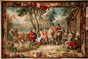 Slottet (Schlossanlage Schleißheim). flamsk billedvev. Brussels atelier Judocus De Vos. Design Lambert De Hondt. Plyndring (pilasje). 400x595 cm. Ull og silke. Omtrent 1715 - 1724. av Flemish School