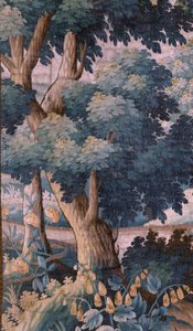 Sognekirke (Saint Walburga Church). Flamsk billedvev "Verdure". Oudenaarde. Slutt på 1600-tallet - begynnelsen av 1700-tallet. Eiendommen til kirken Sint-Walburgakerk Oudenaarde. av Flemish School