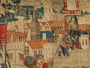 Parish museum for gobeliner (Parish Museum of Pastrana Tapestries). flamsk billedvev. Conquest of Tanger (Taking of Tangier, De inname van Tanger). Seriens erobringer av kong Alfonso I av Portugal. Tournai. Ull og silke av Flemish School