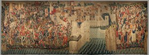 Parish museum for gobeliner (Parish Museum of Pastrana Tapestries). flamsk billedvev. Conquest of Tanger (Taking of Tangier, De inname van Tanger). Seriens erobringer av kong Alfonso I av Portugal. Tournai. Ull og silke av Flemish School