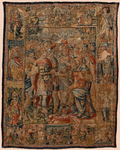 Sognemuseum for billedvev (Museo Parroquial de Tapices de Pastrana). flamsk billedvev. Den unge Alexander til faren Filip (El joven Alejandro ante su padre Filipo). Brussel. Det 16. århundre. 328x407 cm. av Flemish School