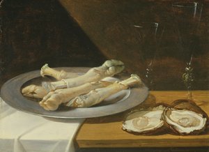 Griseknoker på en tinntallerken med østers og vinglass på et drapert bord, ca. 1630 av Flemish School
