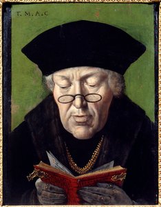 Portrett av Thomas More (1478-1535), humanist. Humanisten er representert med briller som leser en bok. Maleri av den flamske skole av Flemish School