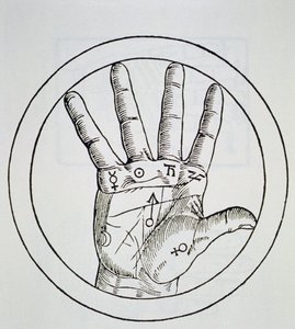 Posisjonen til planetene på høyre hånd, kopi av en illustrasjon fra De Occulta Philosophia Libri III, av Henricus Cornelius Agrippa, Antwerpen 1533, brukt i en magihistorie, utgitt sent på 1800-tallet av Flemish School