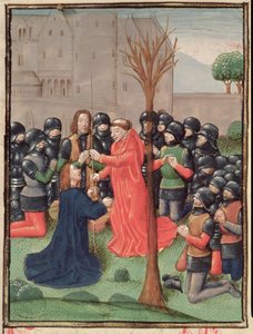 Roy 15 E I f.98v Funnet av spydet som Kristus ble gjennomboret med, fra Estoire d
