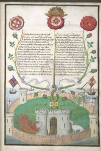 Royal MS 11 E Xl fol.2 Vers med Tudor-symboler, ca. 1516 (vellum) av Flemish School