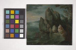 Havlandskap med en høy klippe (olje på kobber) av Flemish School