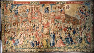 Tapet som viser Prudence som ankommer Court of Divine Wisdom, fra Brussel av Flemish School