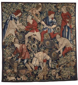 Tapet som viser bønder som jakter på kaniner med ildere, Tournai, ca. 1450-75 (ull) av Flemish School
