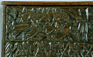 The Courtrai Chest som skildrer to scener fra slaget ved Golden Spurs utkjempet i Courtrai i 1302 (tre) (detalj)