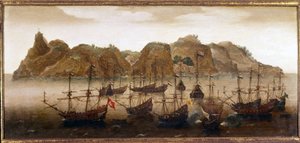 Den nederlandske flåten utenfor øya St. Helena. Oljemaleri. 17. århundre. Sjøfartsmuseet Amsterdam av Flemish School