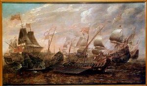 Invincible Armada sjøslaget som så nederlaget til den spanske armadaen mot den engelske flåten i august 1588, flamsk skole