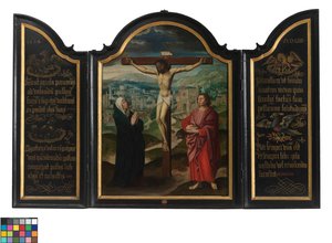 Triptyk med korsfestelse og tekster (olje på panel) av Flemish School