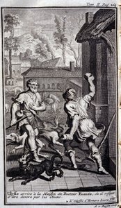 Ulysses ankommer pastor Eumees hus, eller han kan bli foræret av hunder. Illustrasjon for bok XIV de l