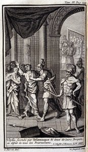 Ulysses nest etter Telemaque og to av gjeterne deres oppløste alle forfølgerne. Lustrasjon for XXII-boken til Odyssee of Homere, i Odyssee, utgitt i Amsterdam i 1731, Collection privee Milan. av Flemish School