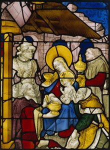 Vindu som viser tilbedelsen av kongene (farget glass) av Flemish School