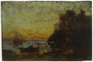 Båt og seilbåter, solnedgang. På baksiden: Marine, mellom 1850 og 1860 (olje på tre)