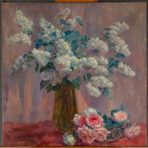 Syrin og roser (olje på lerret) av Flore Geleedts