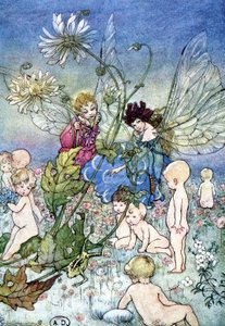 Kvinne-libelle (fe) og alv omgitt av babyer - i "My Fairyland"" av Fiona Malcom, ill. Florence Anderson av Florence Anderson