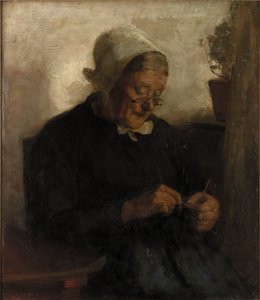 Old Woman Knitting (olje på lerret) av Florence Engelbach