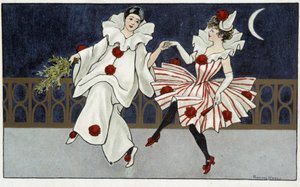 Pjerrot og Colombine danser i måneskinnet - dess. av Florence Hardy, deb. Det 20. århundre