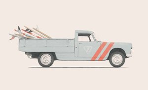 Pickup bil med surfebrett, 2019 (blyant, digital) av Florent Bodart