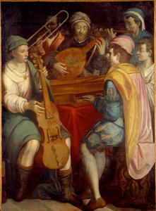 Konsert Lutemusikere, epinett, trombone og viola de gamba. Anonymt maleri av den florentinske skolen 1550-1600. Søn 1,8x1,3 m