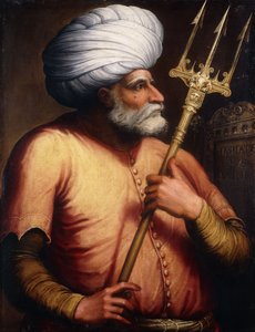 Portrett av Khair el-Din Barbarossa, halvlang, med en Trident, ca. 1580