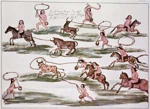 Den indiske Mocovi-metoden for jakt, illustrasjon fra 'Hacia alla y para aca' (farge litho) av Florian Paucke