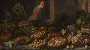 Stilleben med frukt og grønnsaker, med Kristus ved Emmaus i bakgrunnen av Floris Gerritsz van Schooten
