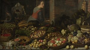 Stilleben med frukt og grønnsaker, med Kristus ved Emmaus i bakgrunnen, ca. 1630